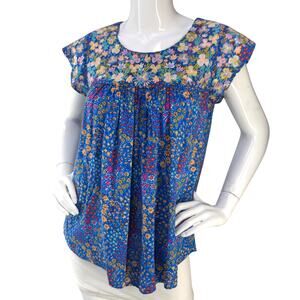 Savanna Jane Womens Size S Blouse Top Floral Embroidered Short Sleeve Blue